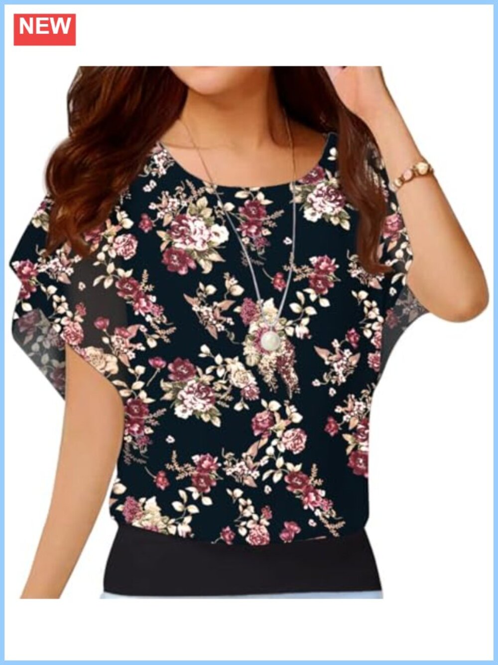 Women's Loose Casual Short Sleeve Chiffon Tunic Blouse Floral Top